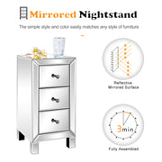 VINGLI 3-Drawer Silver Mirrored Bedside Tables Narrow Nightstand